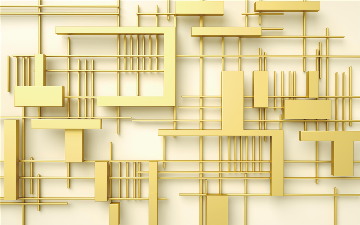 Carta da parati forme geometriche in oro, disposte su una griglia dorata
