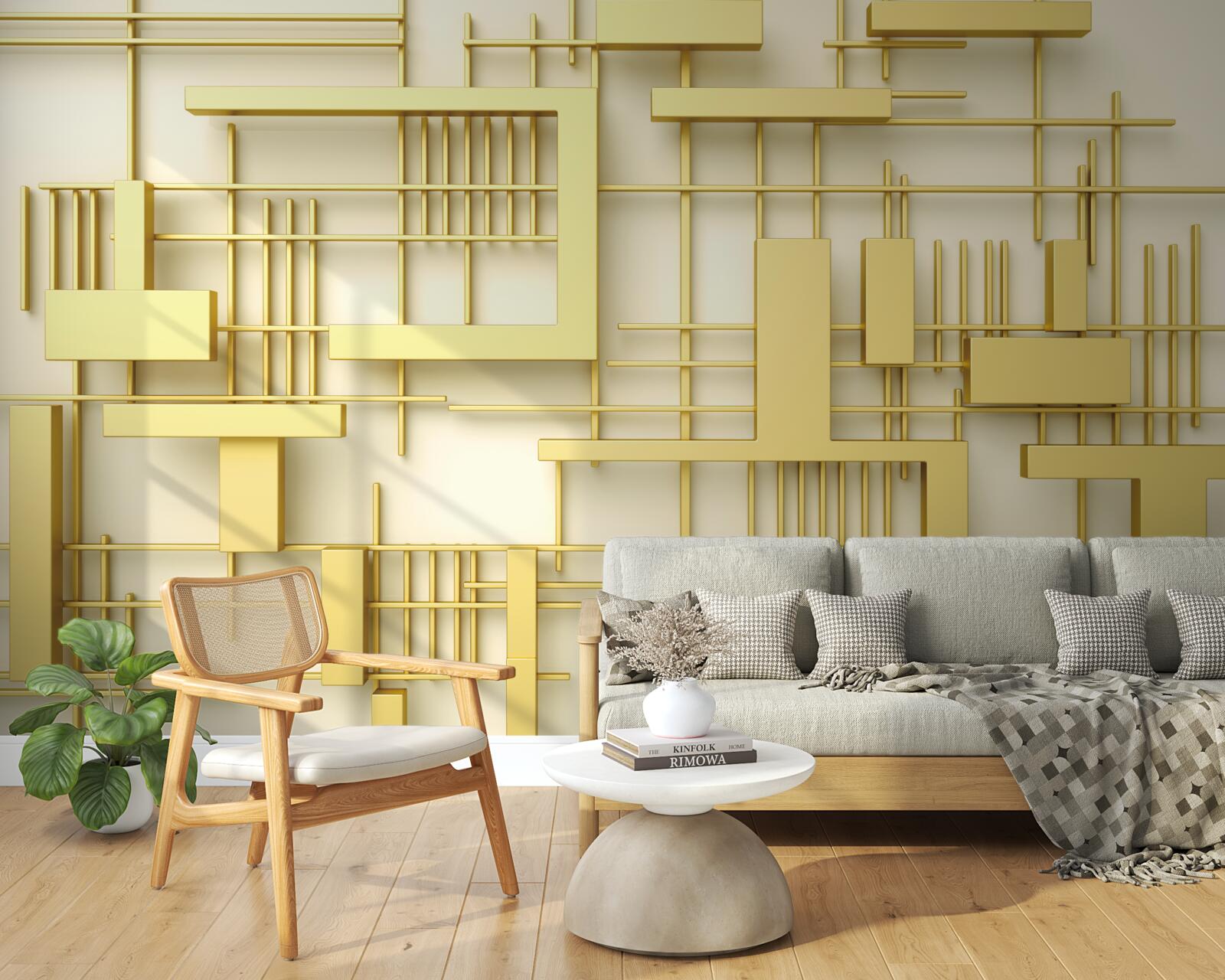 Carta da parati forme geometriche in oro, disposte su una griglia dorata
