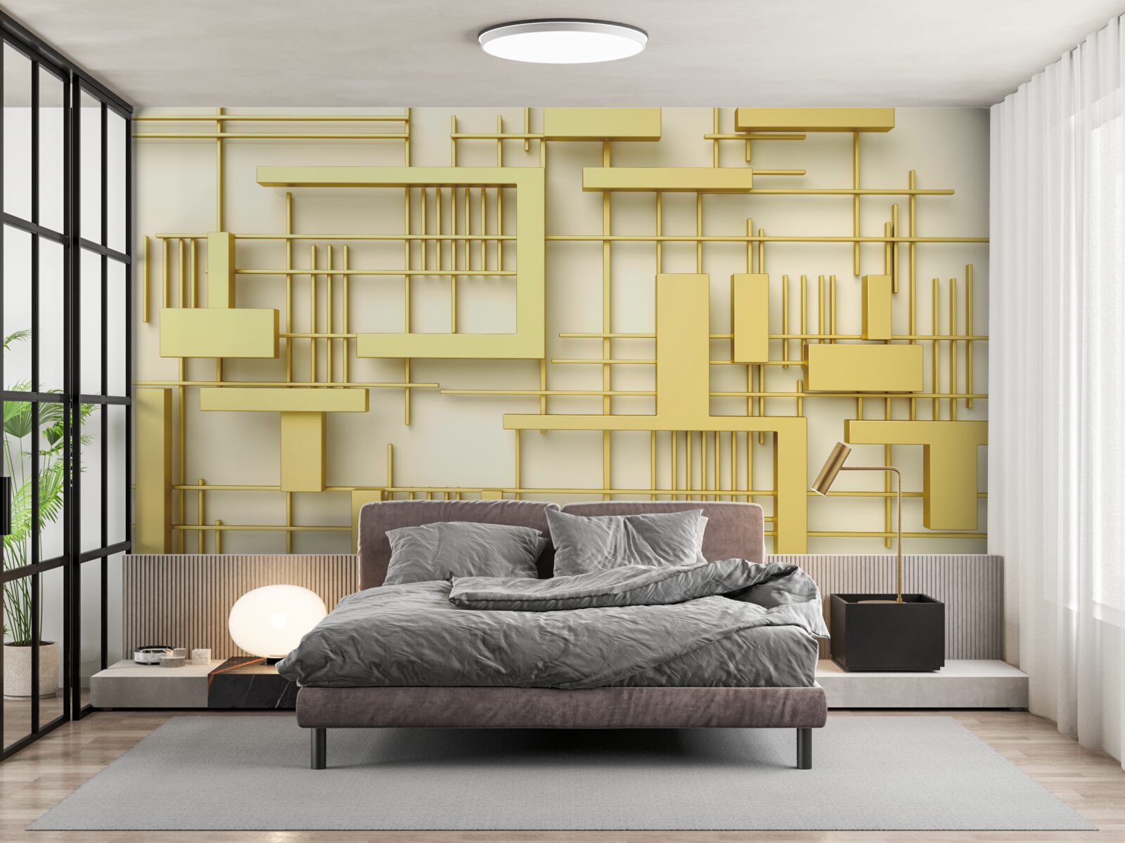 Carta da parati forme geometriche in oro, disposte su una griglia dorata