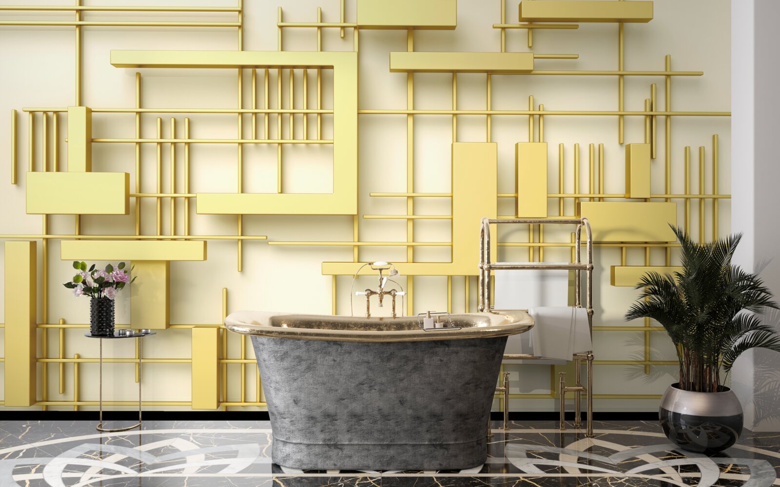 Carta da parati forme geometriche in oro, disposte su una griglia dorata