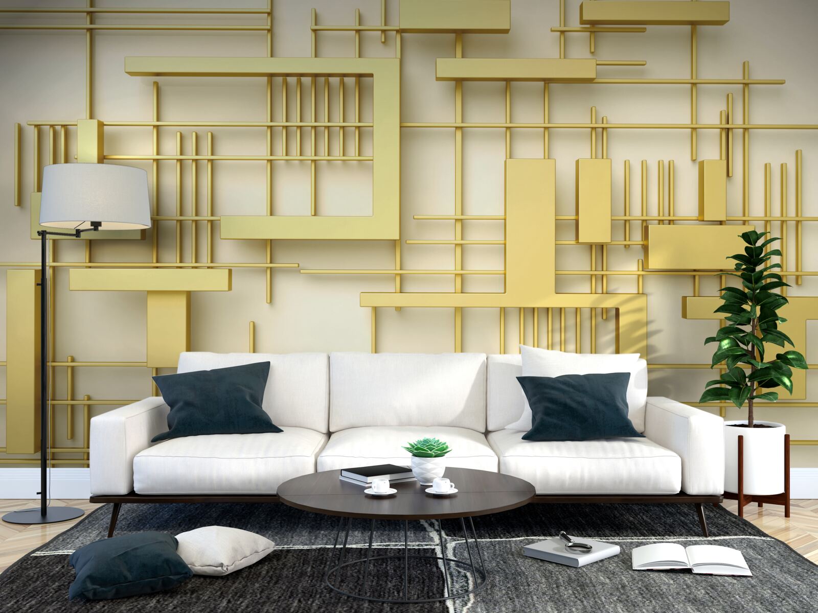 Carta da parati forme geometriche in oro, disposte su una griglia dorata