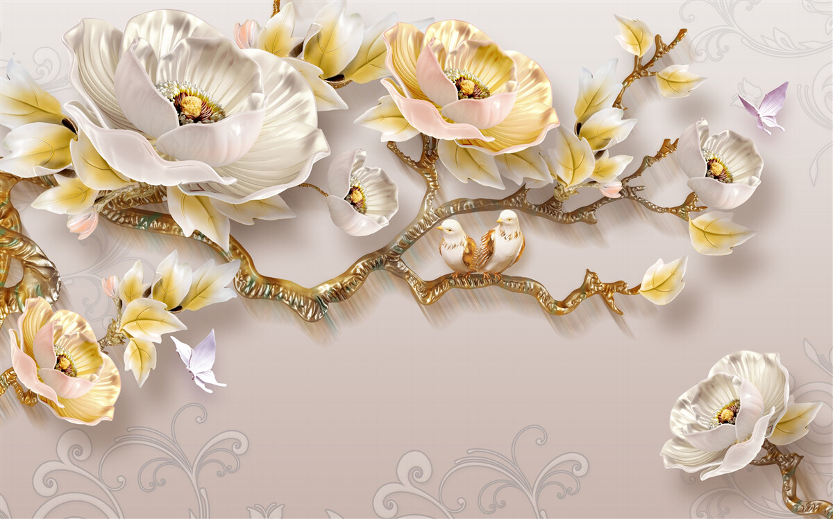 Carta da parati gioielli e oro a forma di rami di magnolia