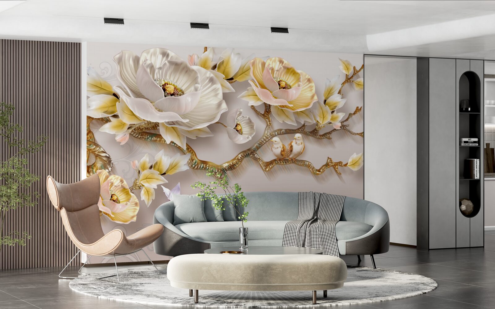 Carta da parati gioielli e oro a forma di rami di magnolia