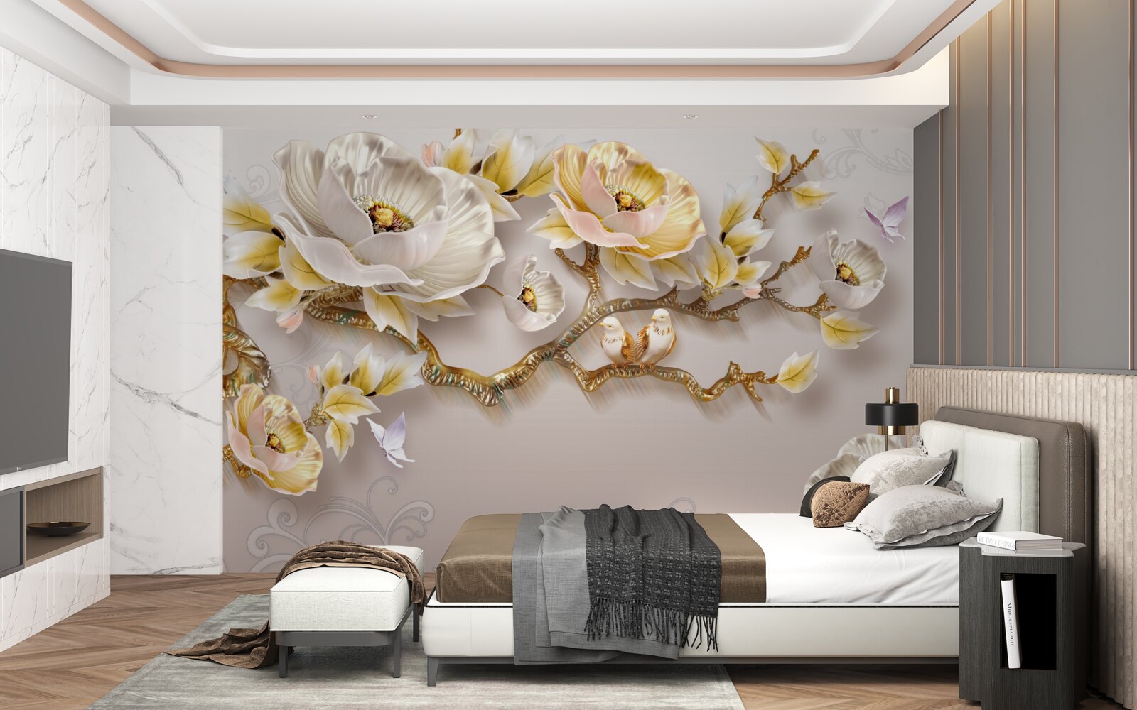 Carta da parati gioielli e oro a forma di rami di magnolia