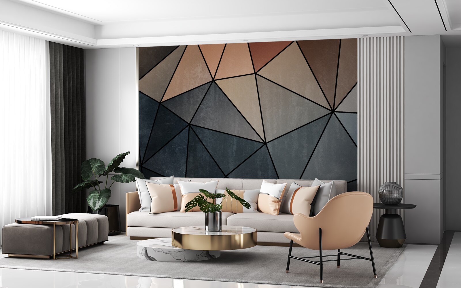 Carta da parati figure tridimensionali in legno dai colori tenui
