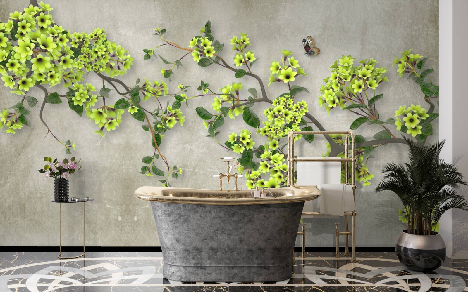 Carta da parati ramo di magnolia punteggiato di boccioli verdi e rigogliosi