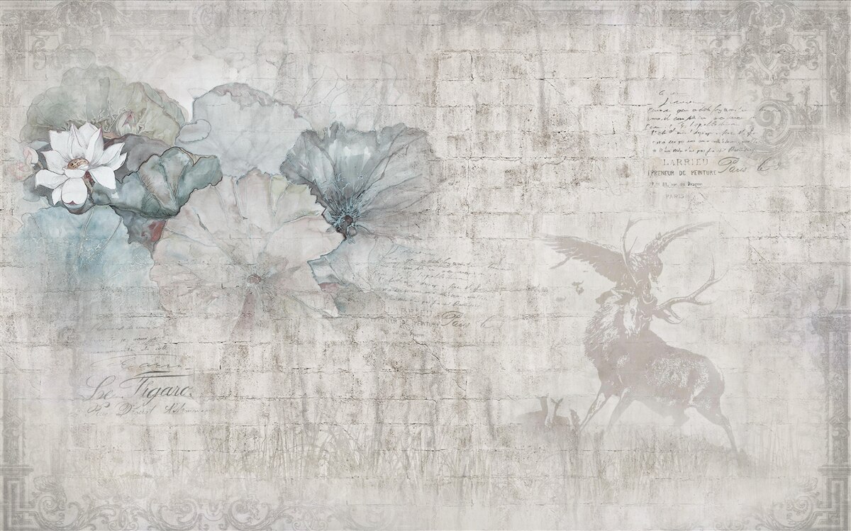 Carta da parati acquerello con cervo e fiori blu