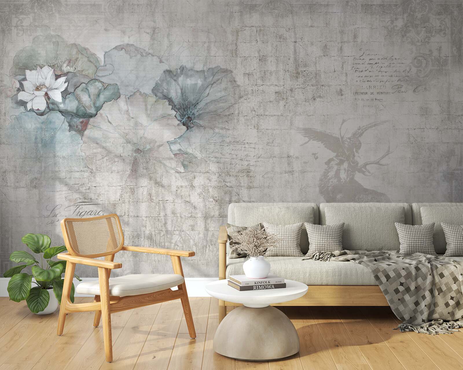 Carta da parati acquerello con cervo e fiori blu