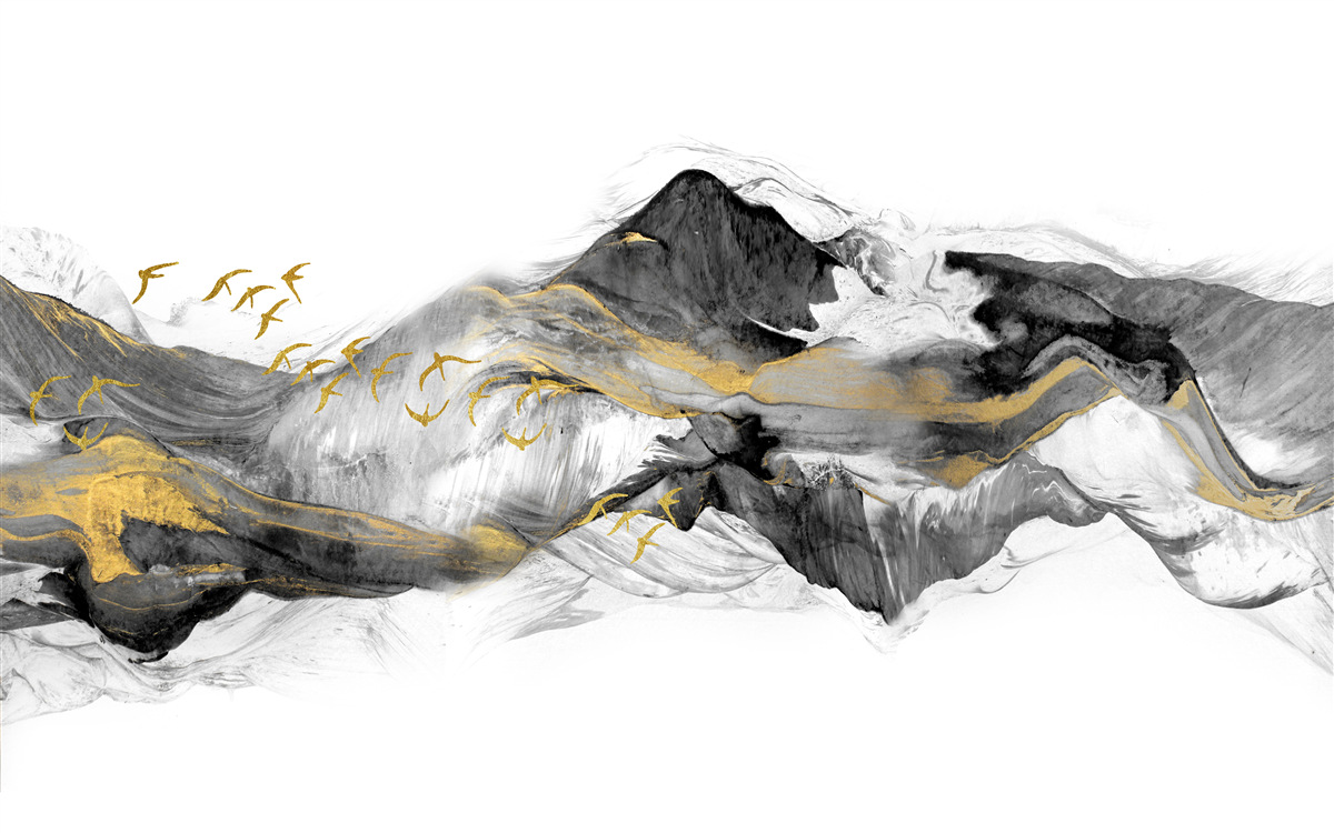 Carta da parati Immagine astratta di uccelli e montagne su sfondo bianco