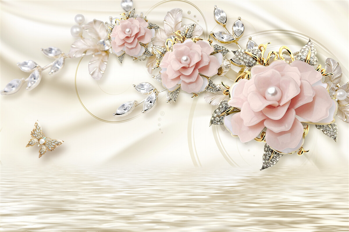 Carta da parati sull'acqua pende un ramo con fiori rosa, decorato con perle