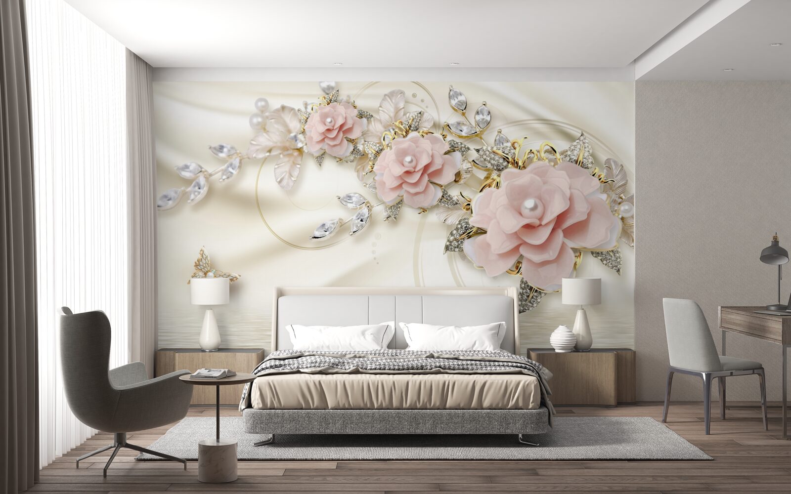 Carta da parati sull'acqua pende un ramo con fiori rosa, decorato con perle