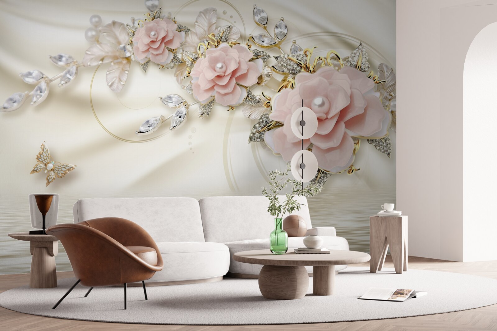 Carta da parati sull'acqua pende un ramo con fiori rosa, decorato con perle