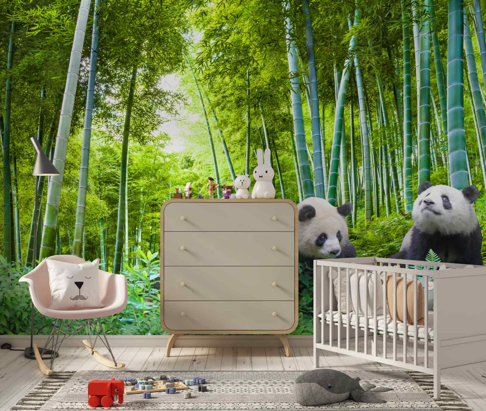 Carta da parati una foresta di bambù piena di panda