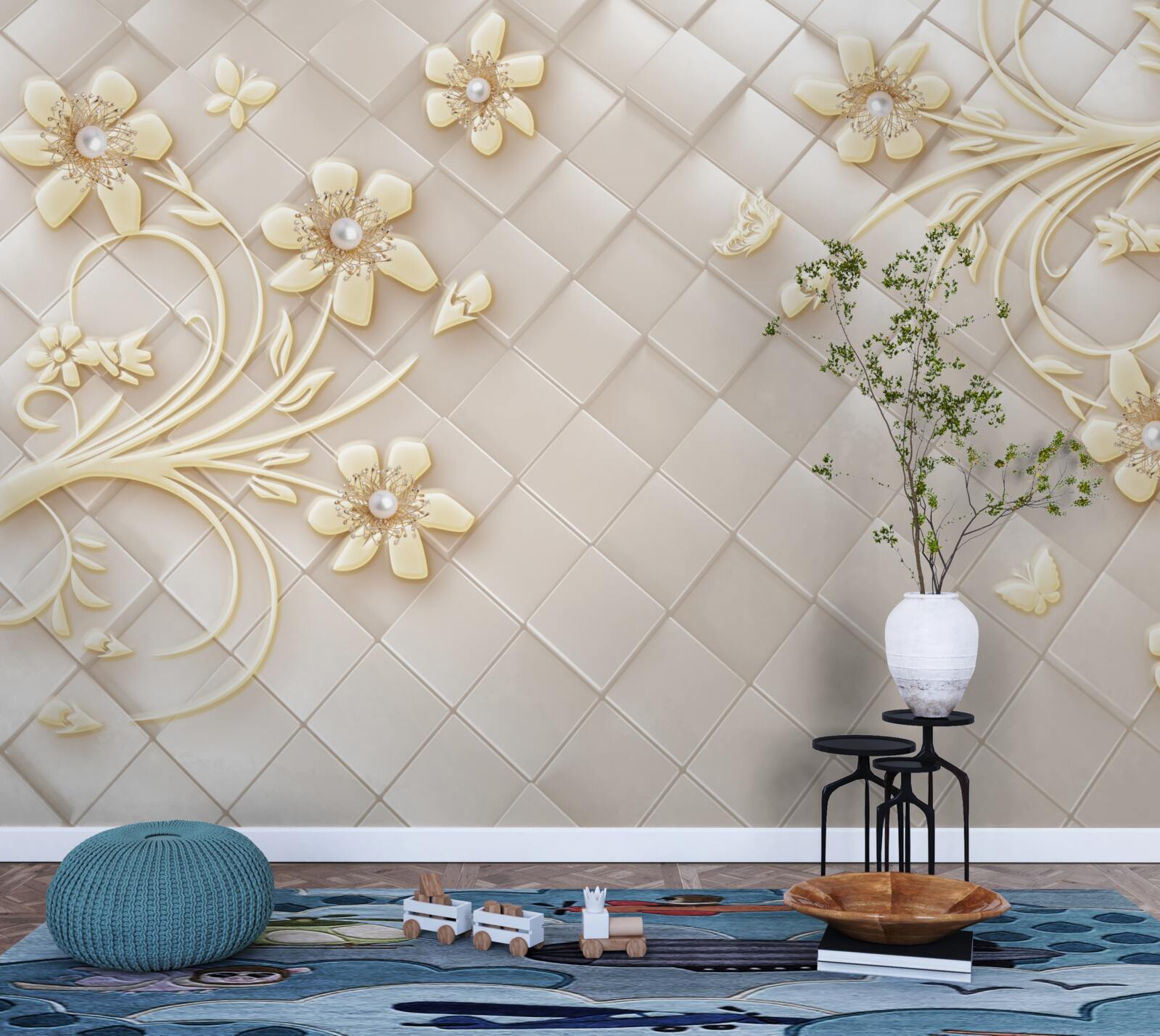 Carta da parati Fiori e rami dorati su uno sfondo di rombi geometrici