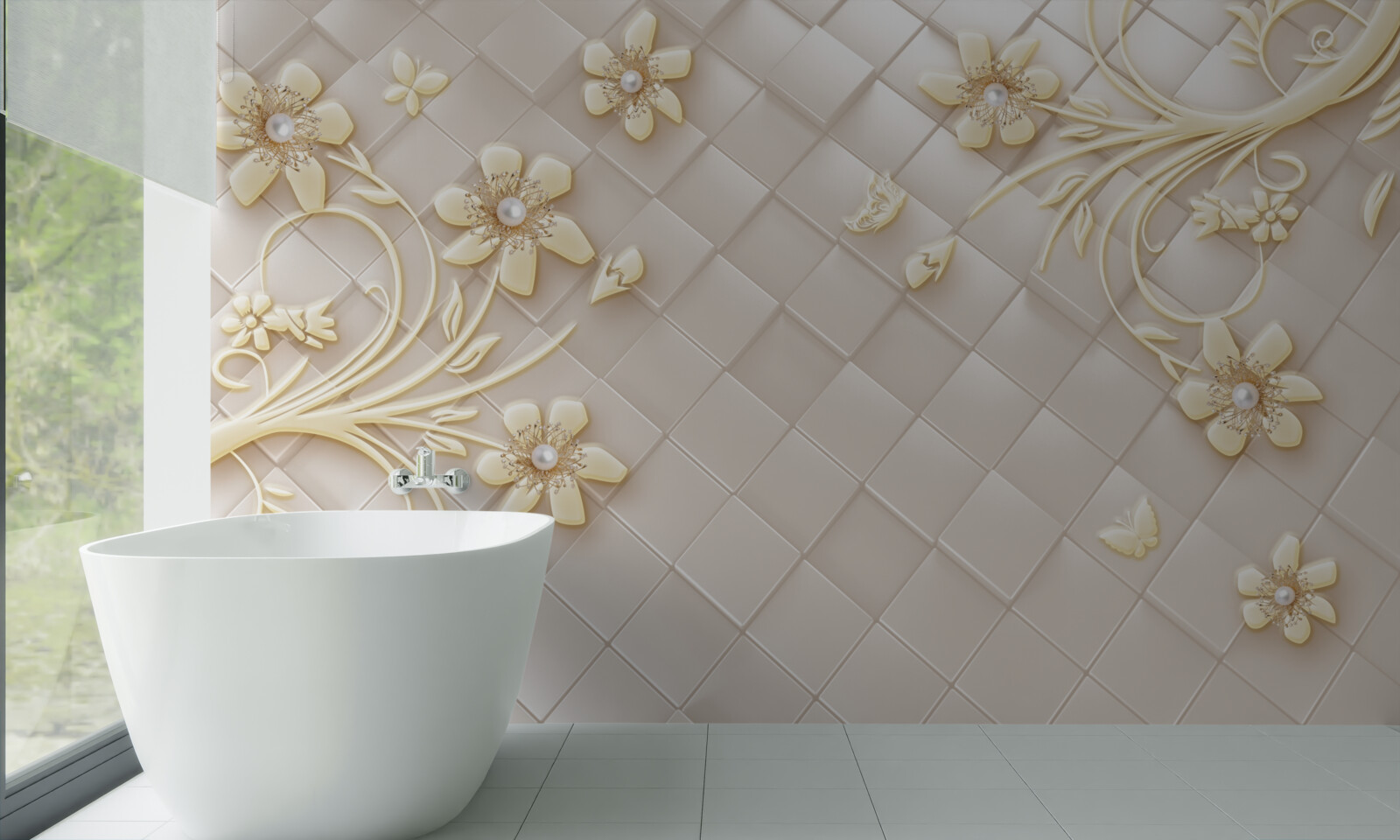Carta da parati Fiori e rami dorati su uno sfondo di rombi geometrici