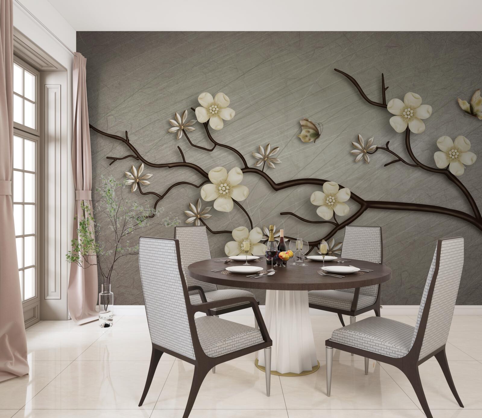 Carta da parati ramo di magnolia in fiore con fiori bianchi