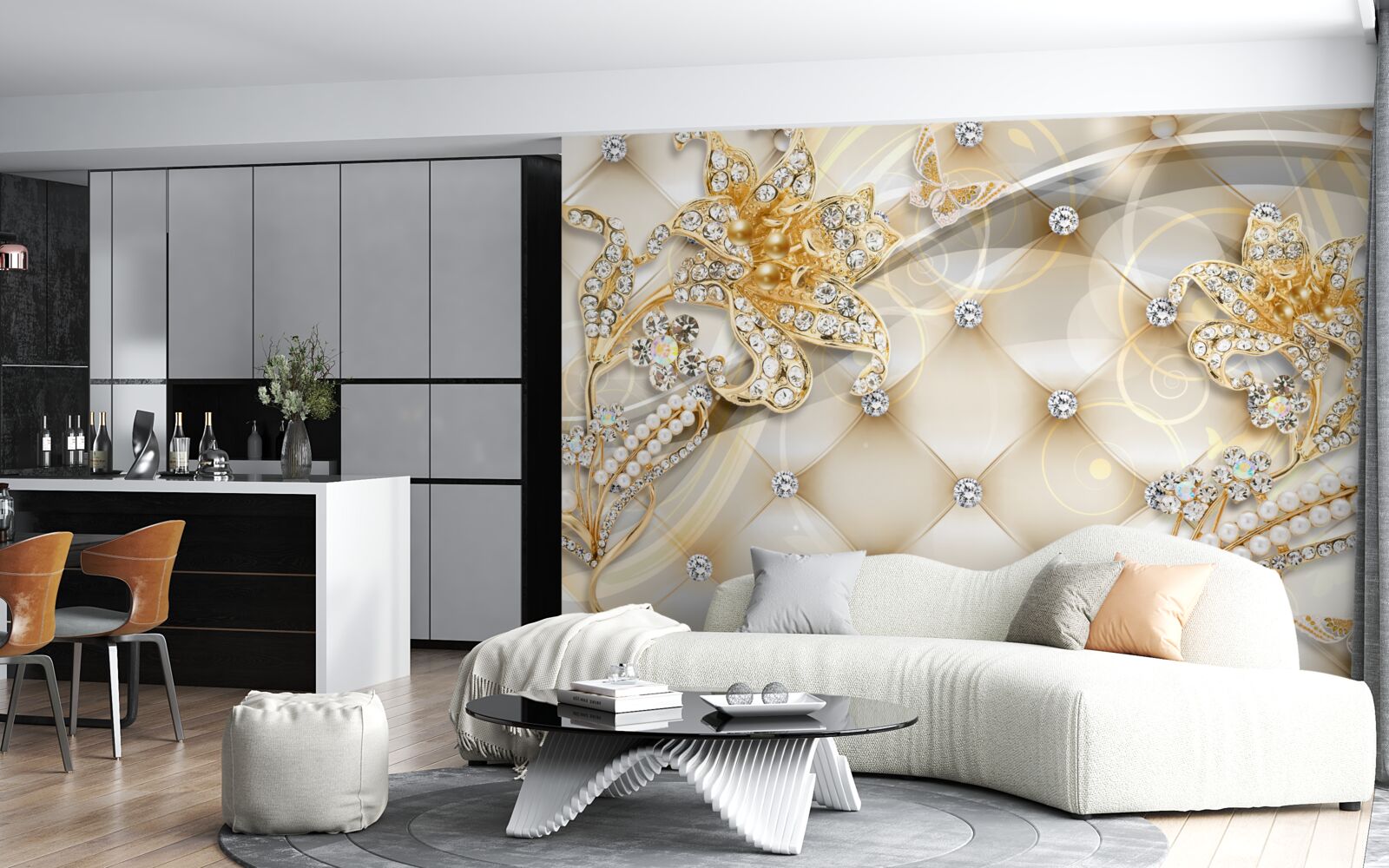 Carta da parati ornamenti floreali in perle e oro