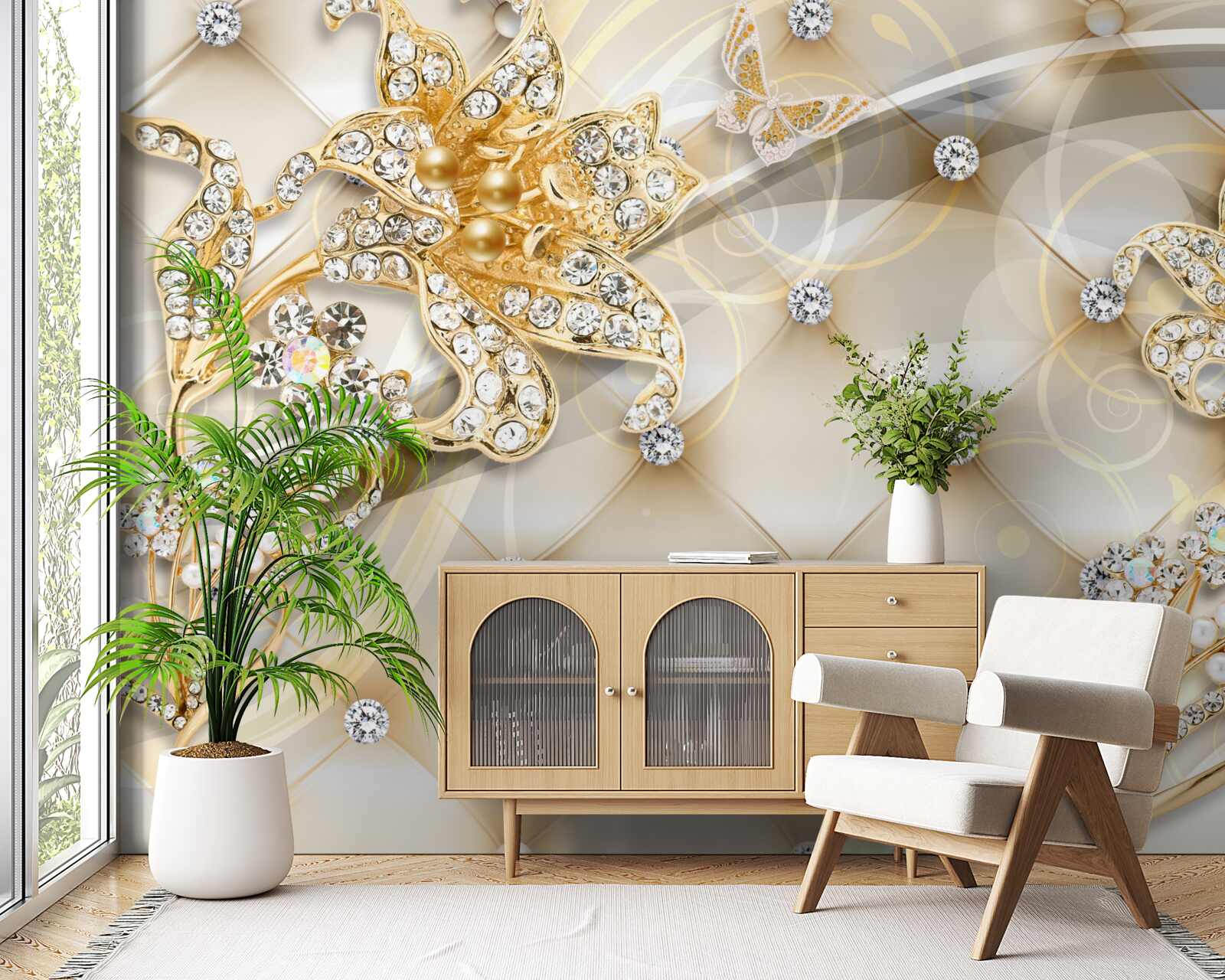 Carta da parati ornamenti floreali in perle e oro