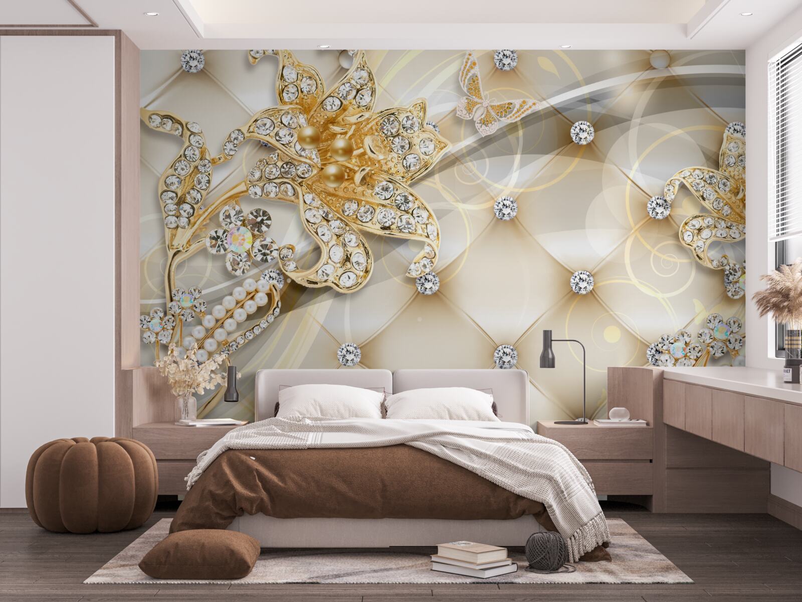 Carta da parati ornamenti floreali in perle e oro