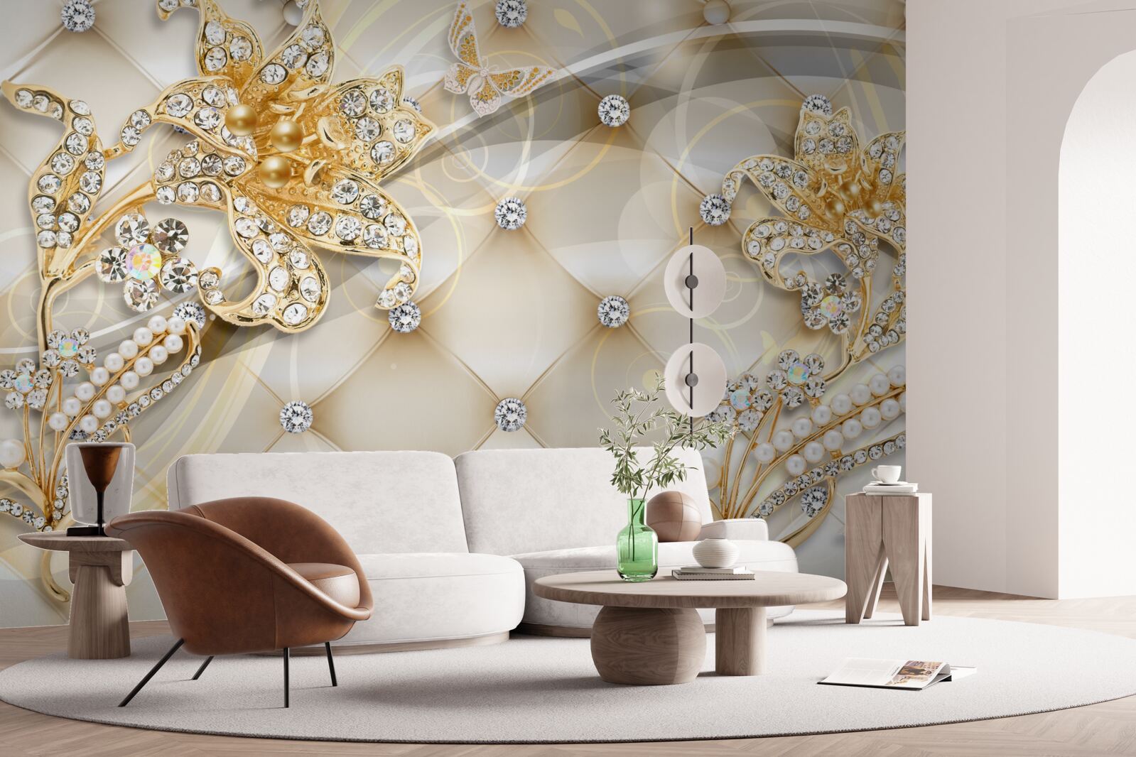 Carta da parati ornamenti floreali in perle e oro
