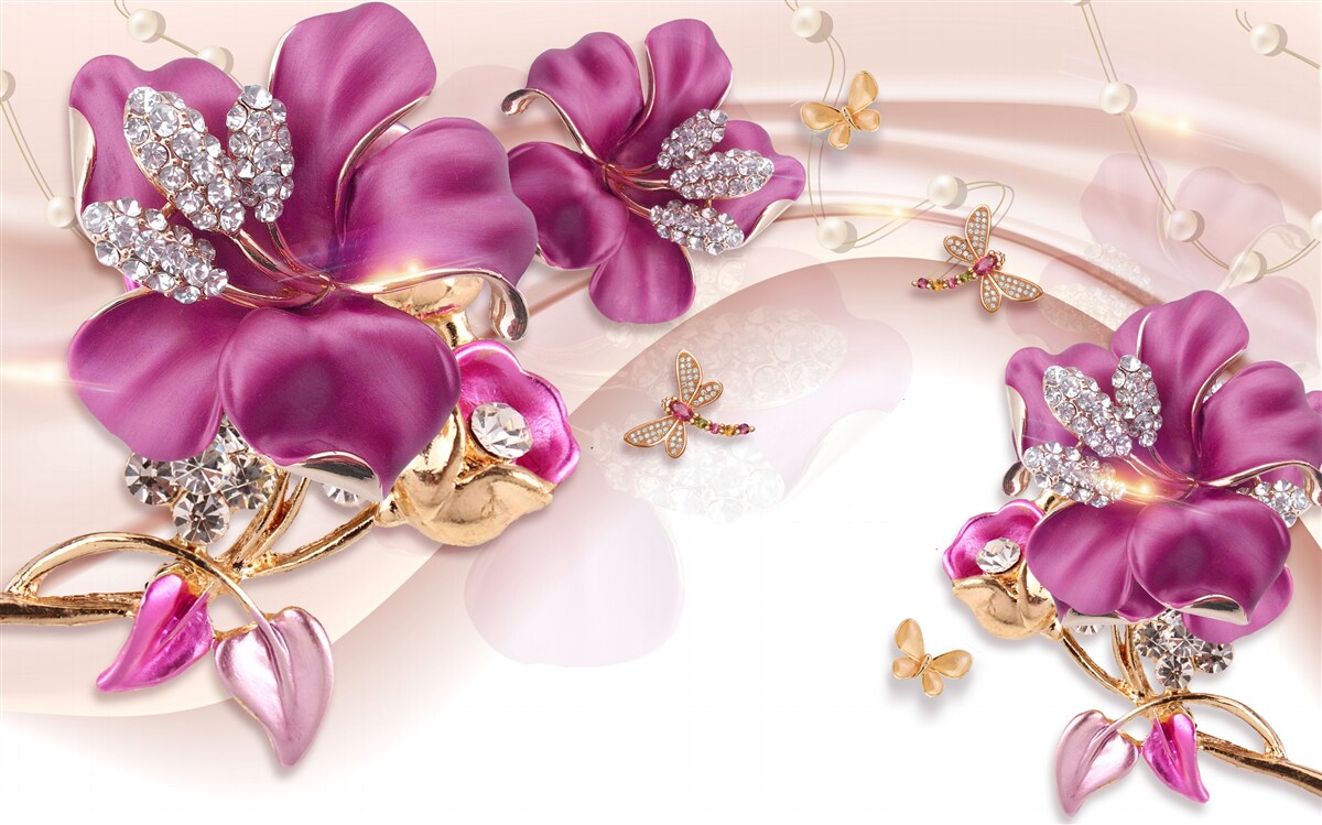 Carta da parati petali di fiori viola circondati da perle e oro