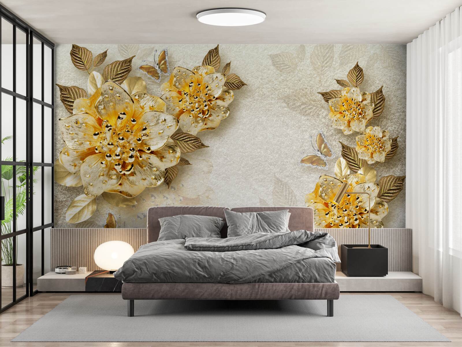 Carta da parati fiori d'oro in 3d