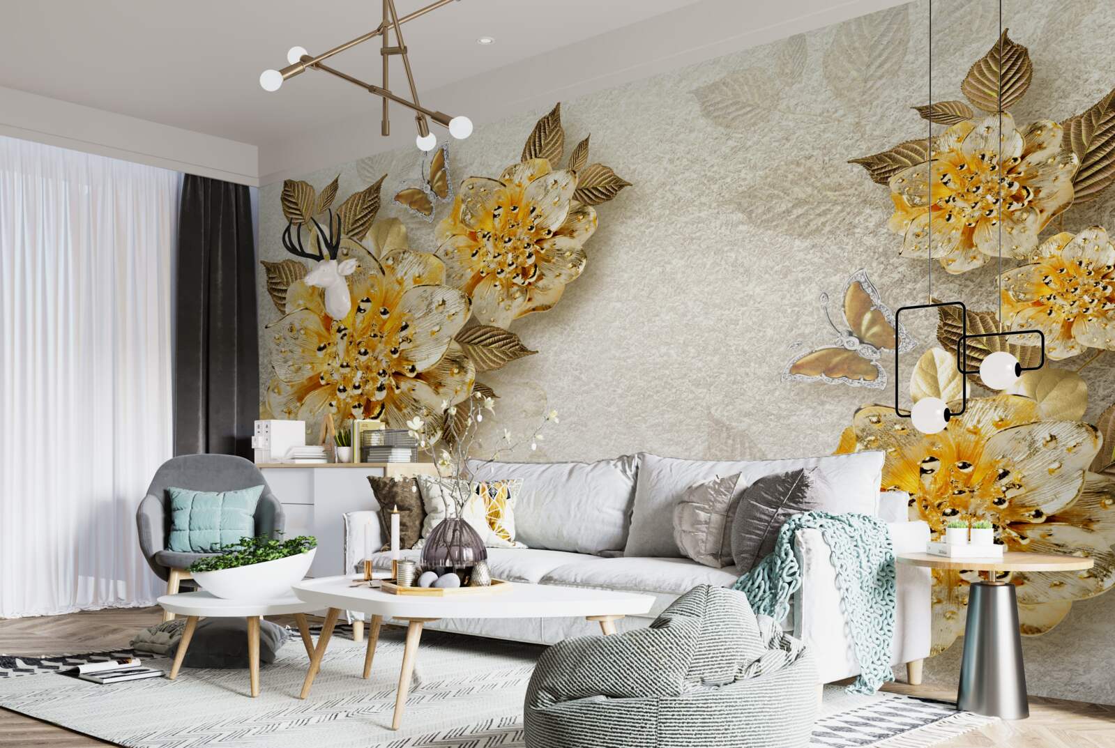 Carta da parati fiori d'oro in 3d