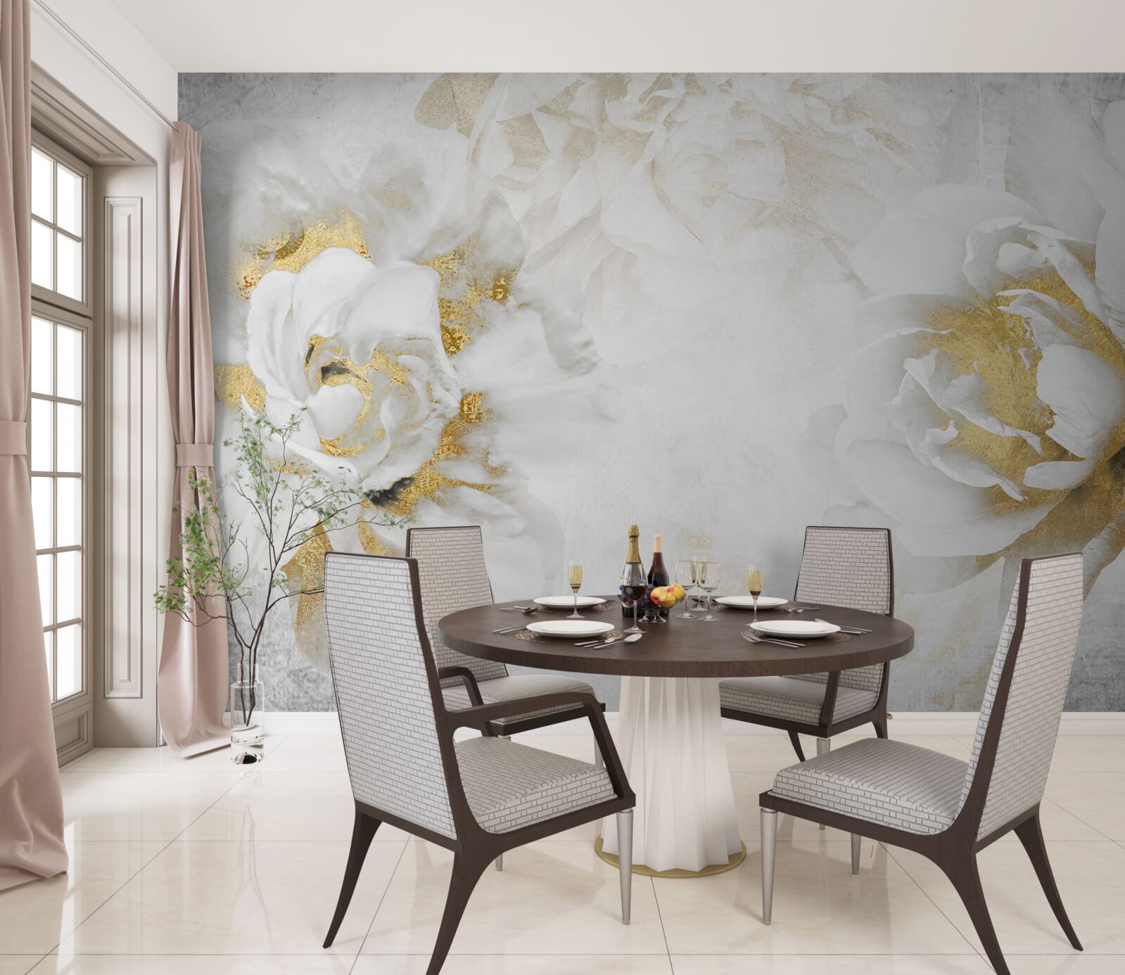 Carta da parati fiori bianchi con accenti dorati