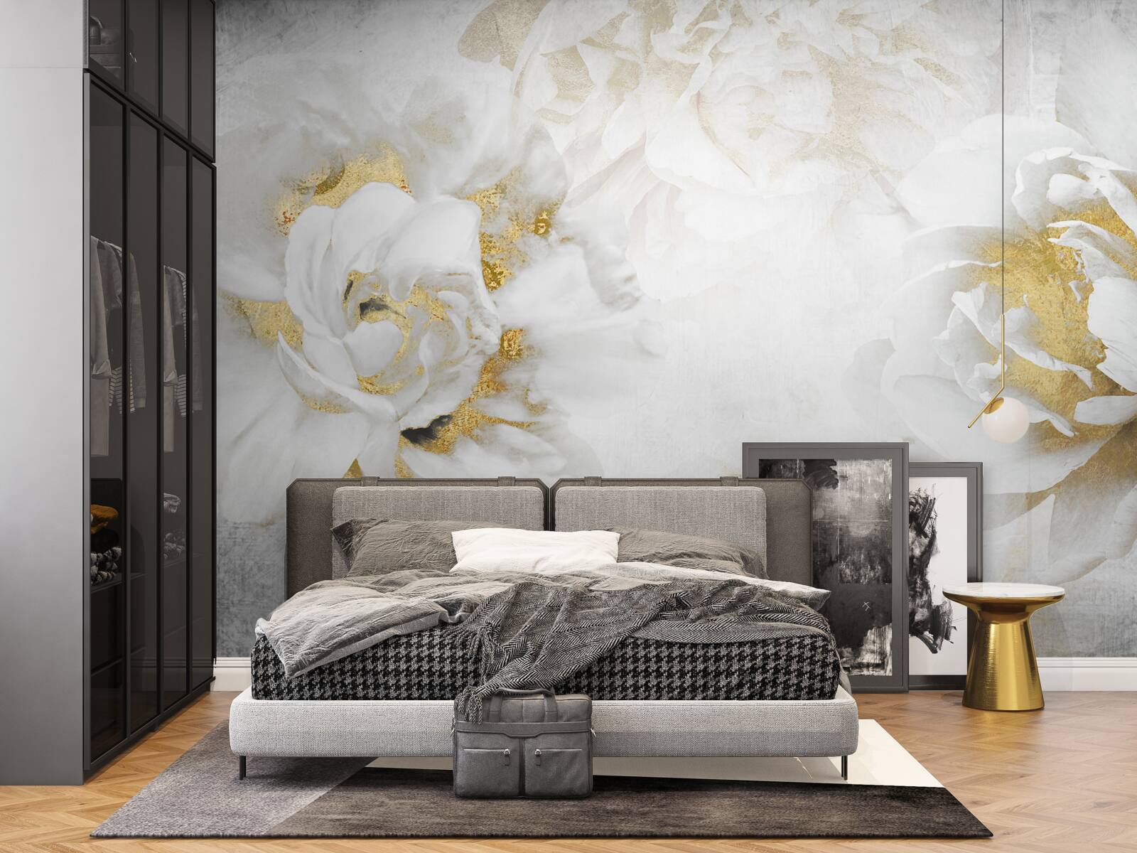 Carta da parati fiori bianchi con accenti dorati