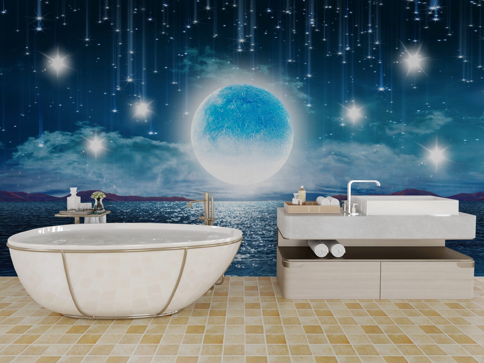 Carta da parati le stelle e la luna sono in piena fase