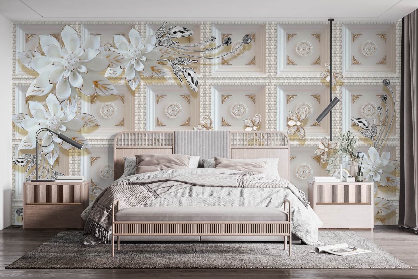 Carta da parati fiori bianchi su un murale