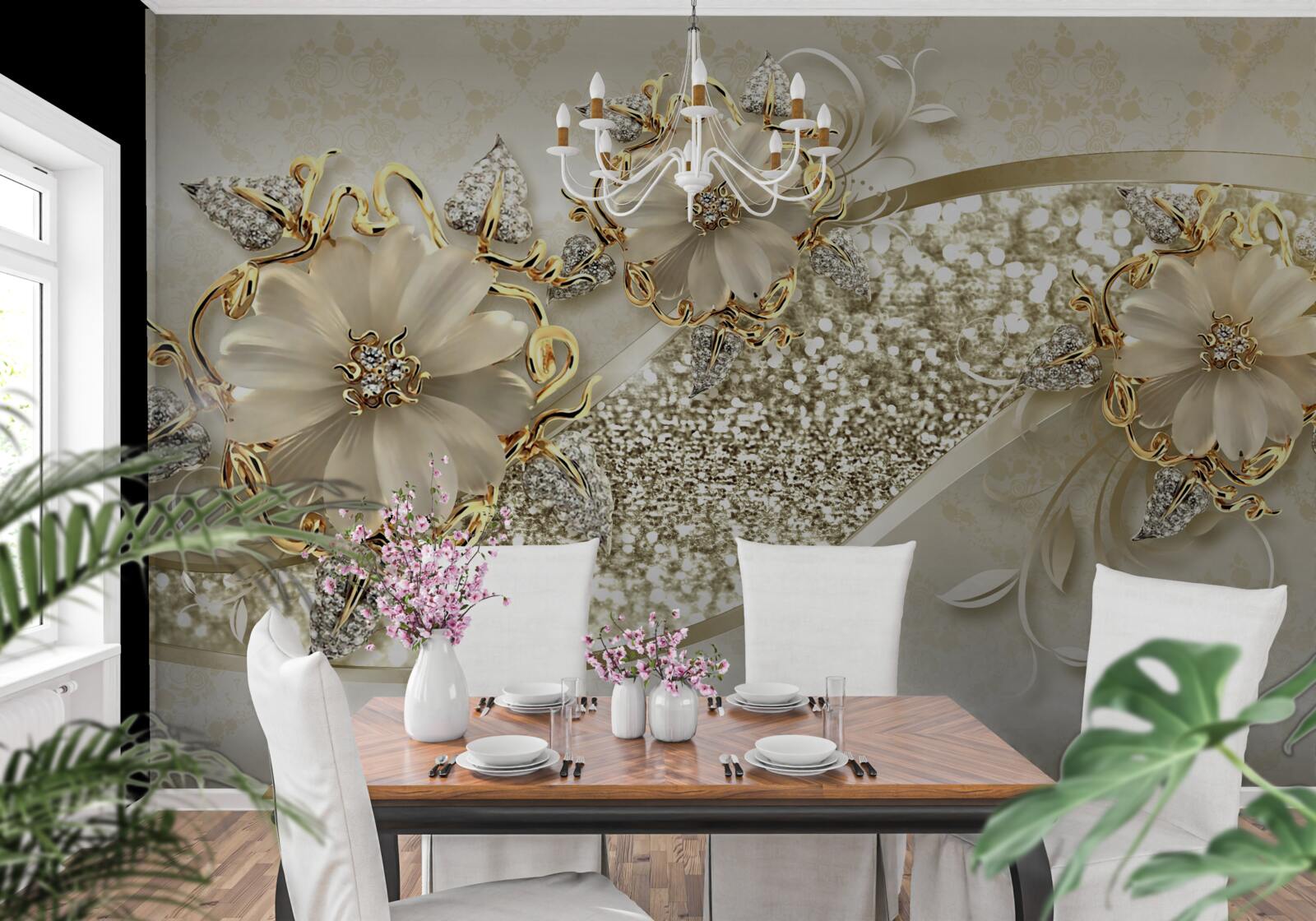 Carta da parati mazzi di fiori su un muro d'oro