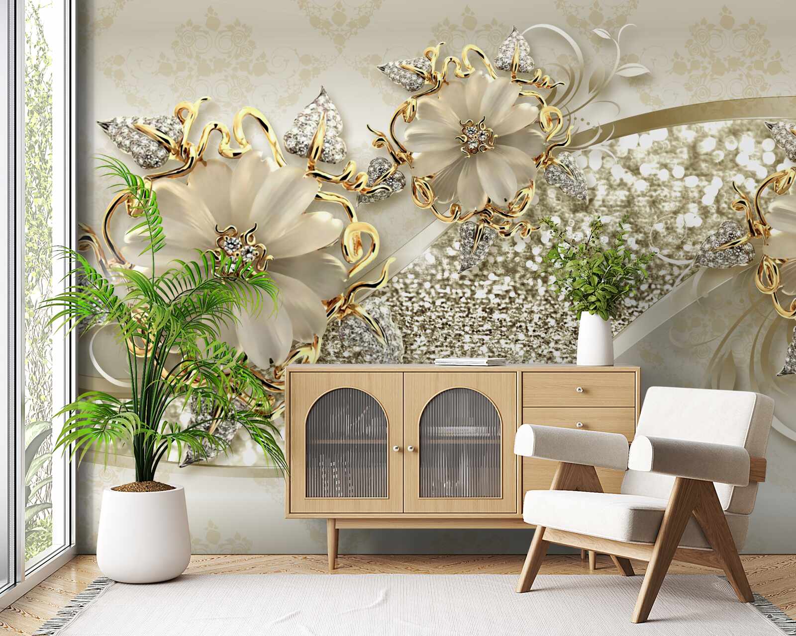 Carta da parati mazzi di fiori su un muro d'oro