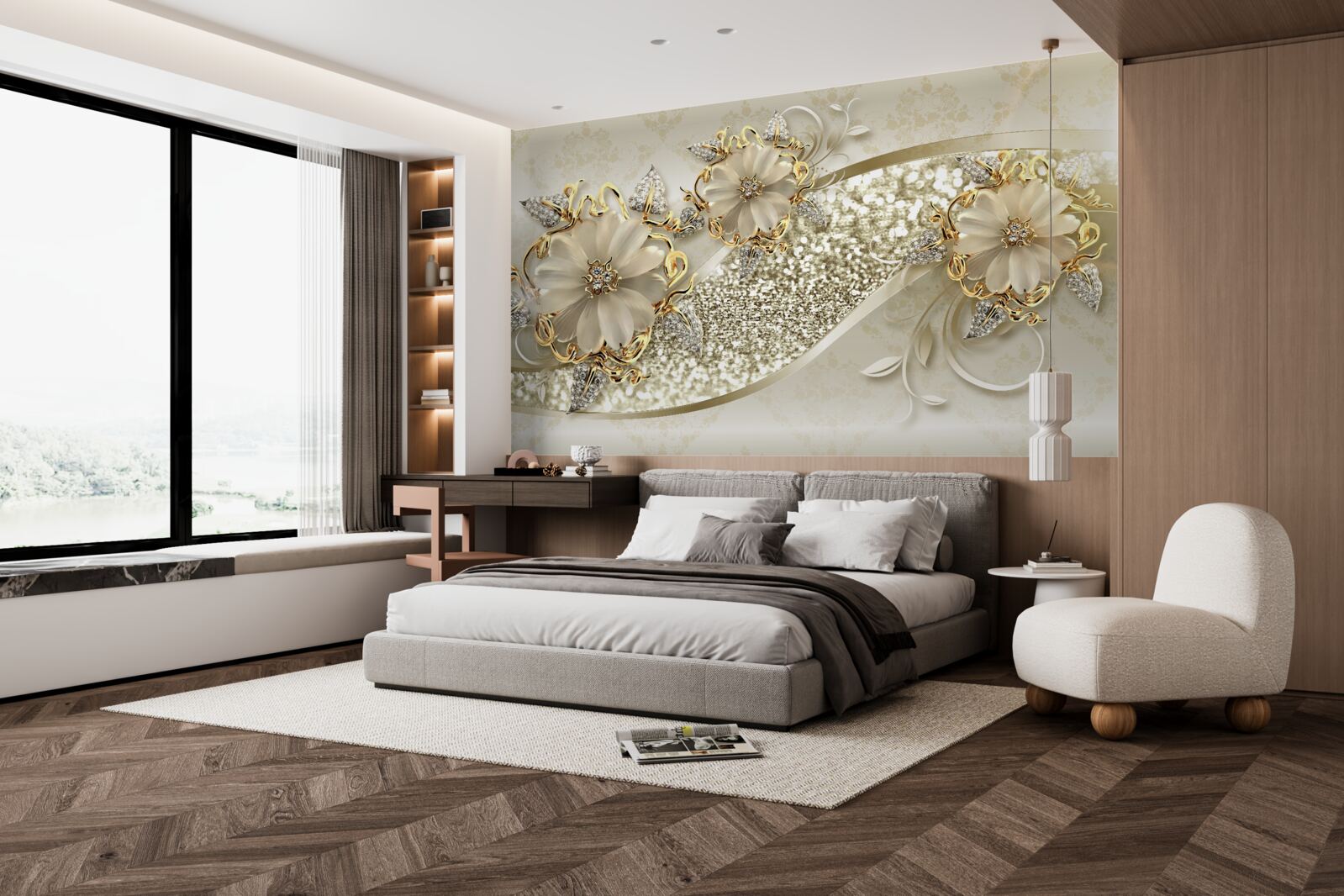 Carta da parati mazzi di fiori su un muro d'oro