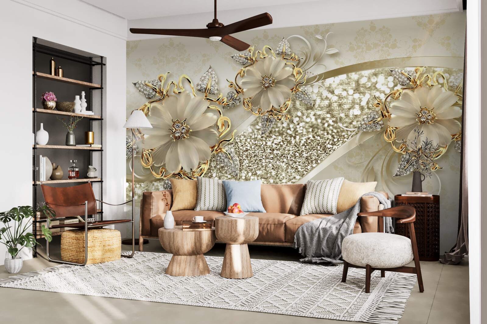 Carta da parati mazzi di fiori su un muro d'oro