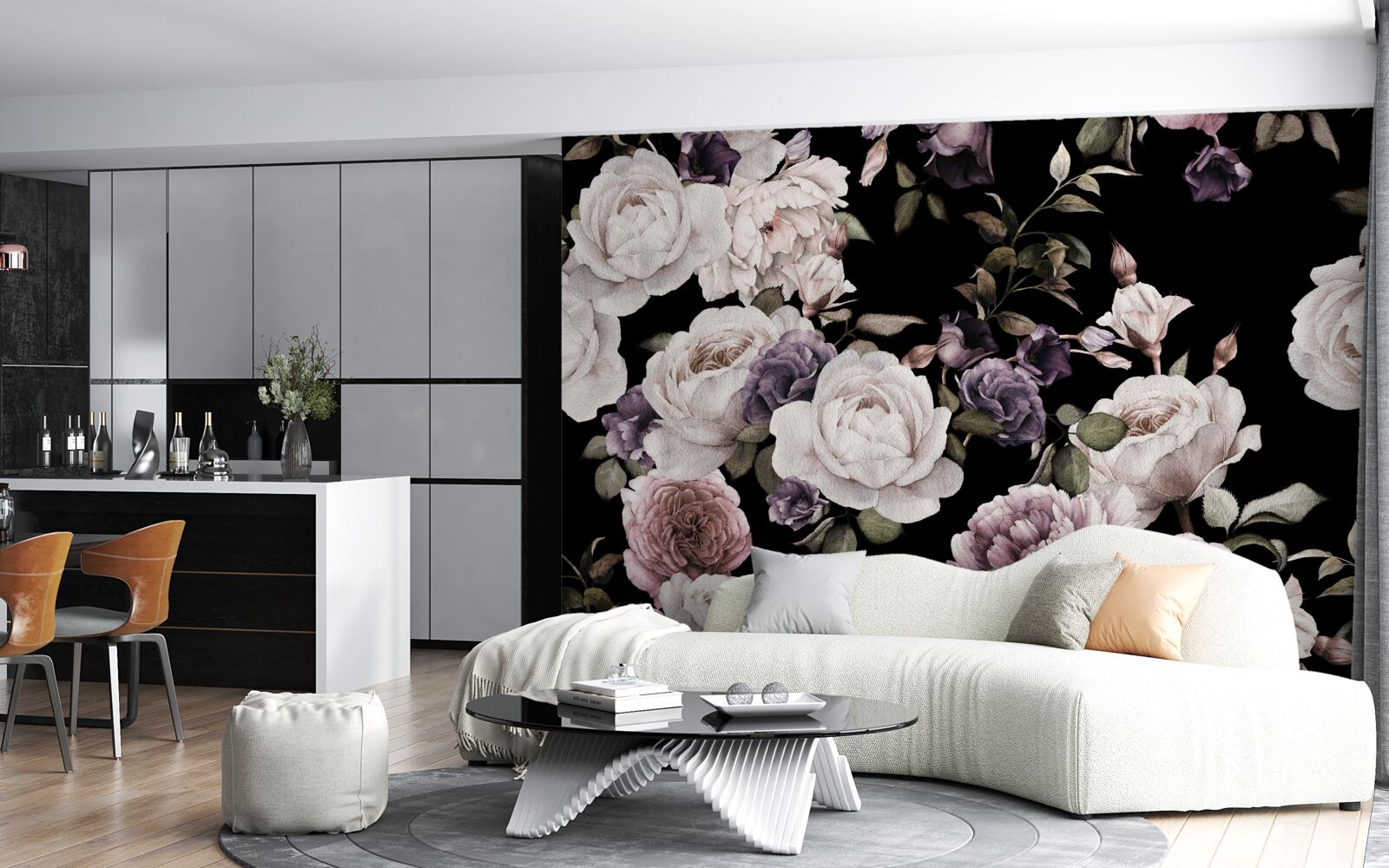 Carta da parati sfondo scuro decorato con peonie