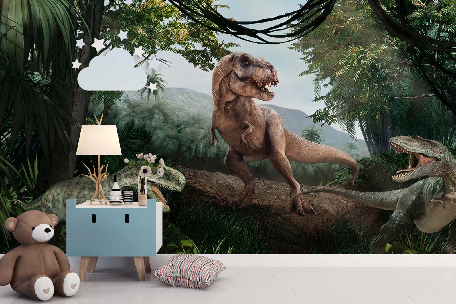 Carta da parati velociraptor, alba e lucertola preistorica