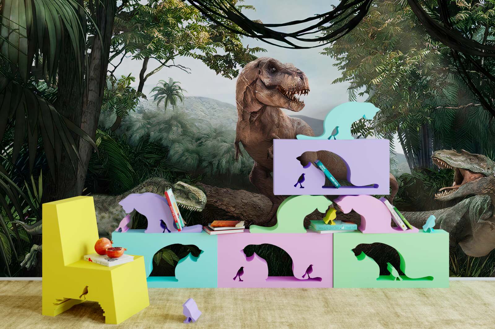 Carta da parati velociraptor, alba e lucertola preistorica