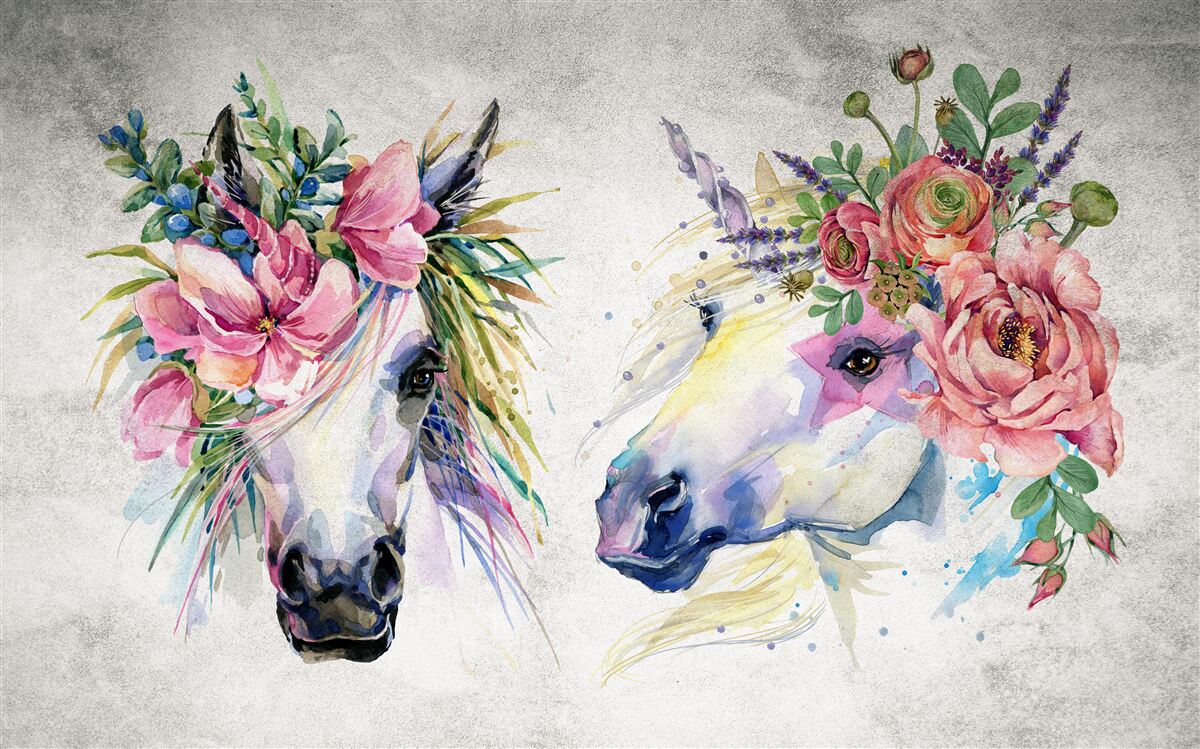 Carta da parati fiori, colori ad acquerello e strumenti di scrittura