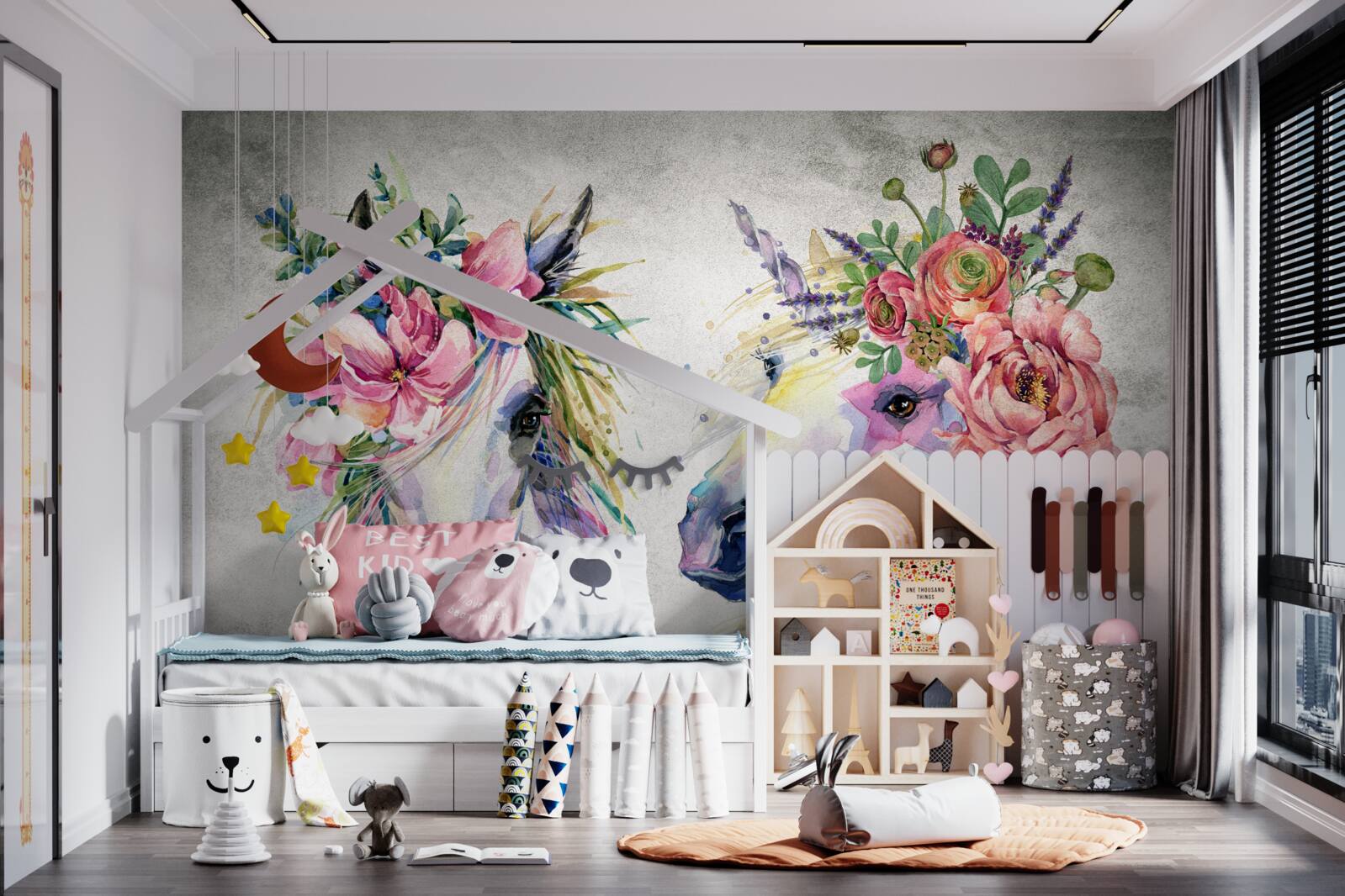 Carta da parati fiori, colori ad acquerello e strumenti di scrittura