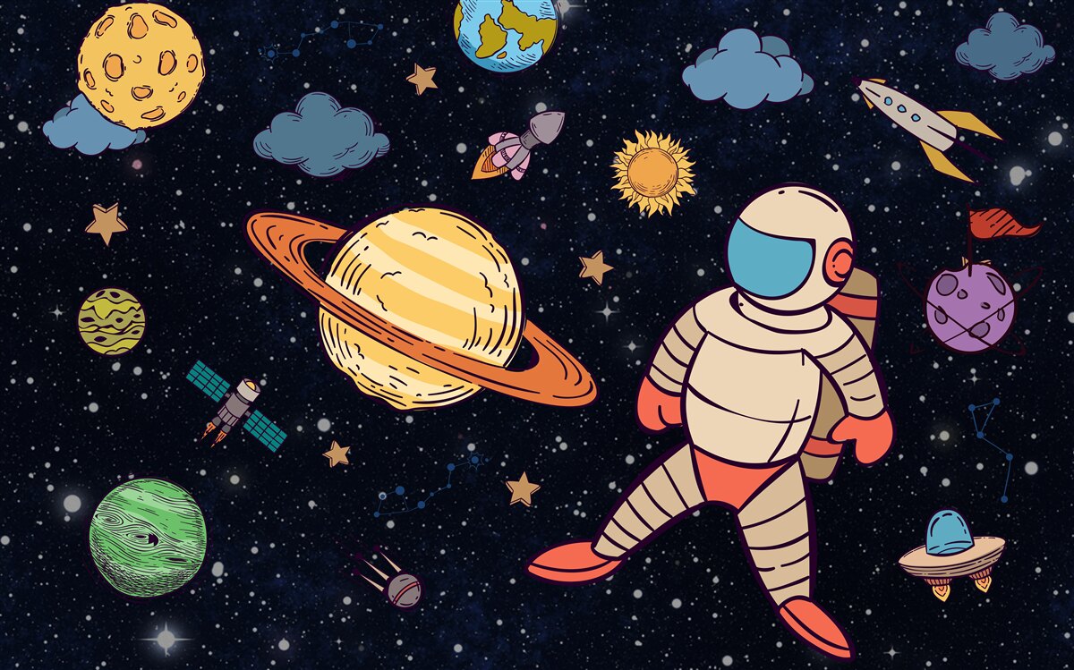 Carta da parati astronauta tra i corpi celesti