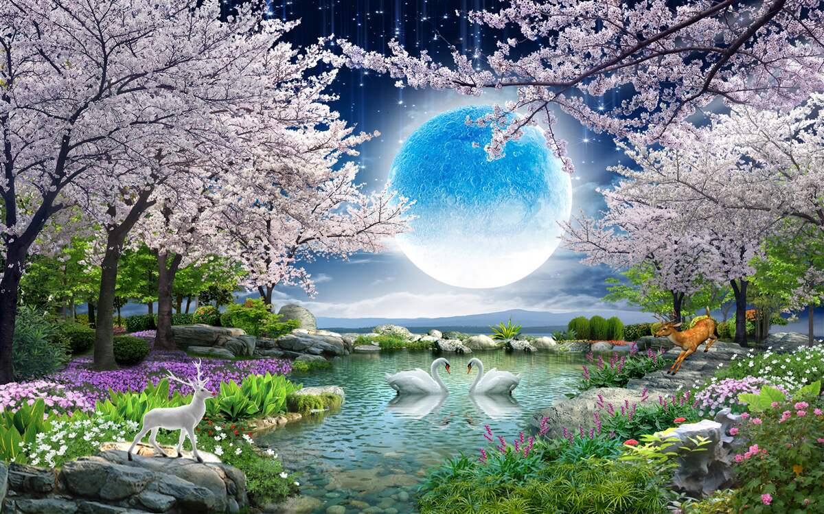 Carta da parati la luna pende sui cigni