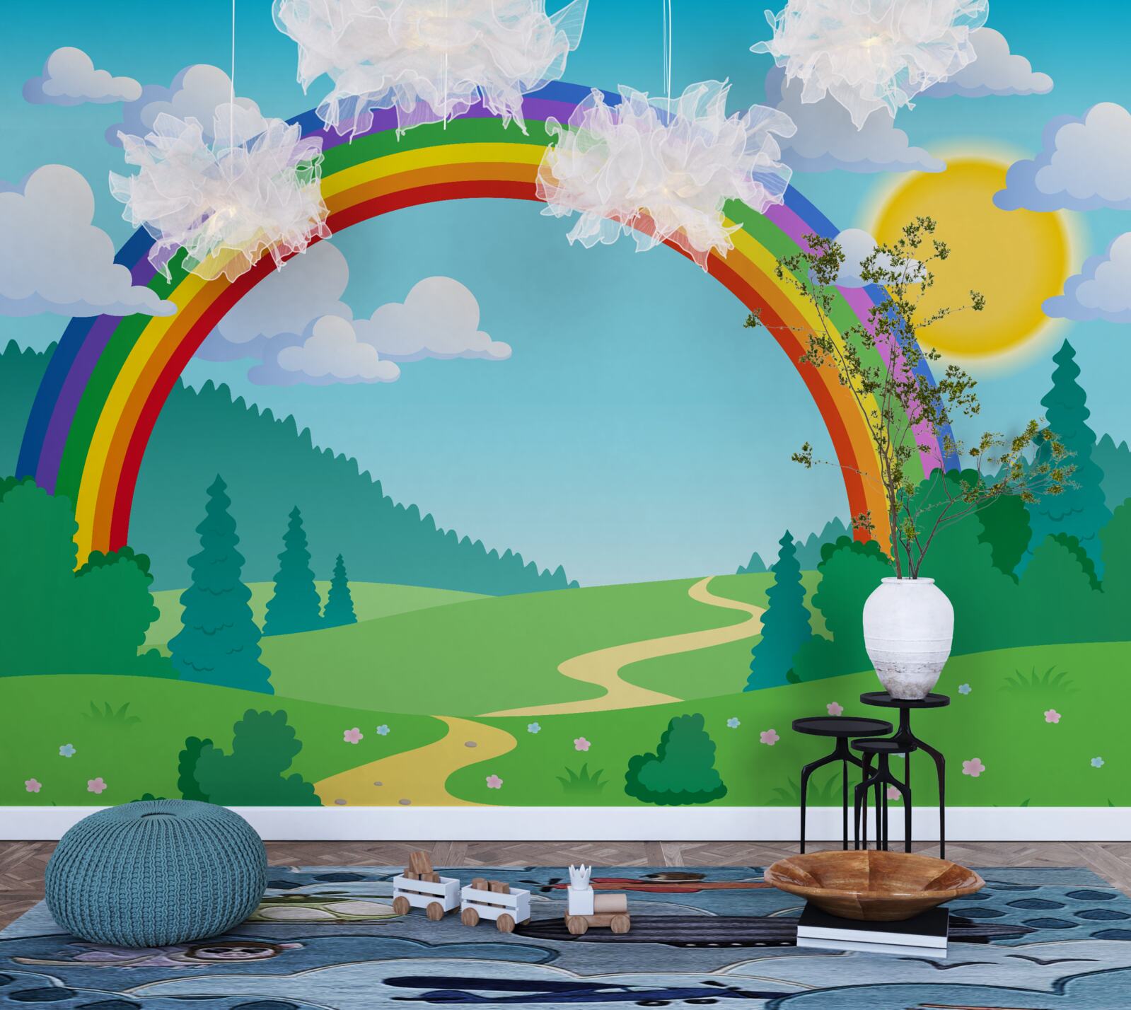 Carta da parati un arcobaleno brillante scintilla su una radura della foresta