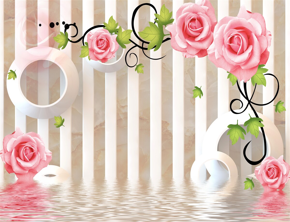 Carta da parati rosa con petali rosa e foglie verdi vicino all'acqua