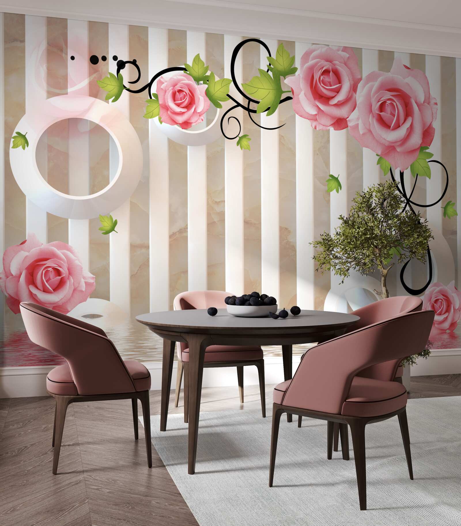 Carta da parati rosa con petali rosa e foglie verdi vicino all'acqua
