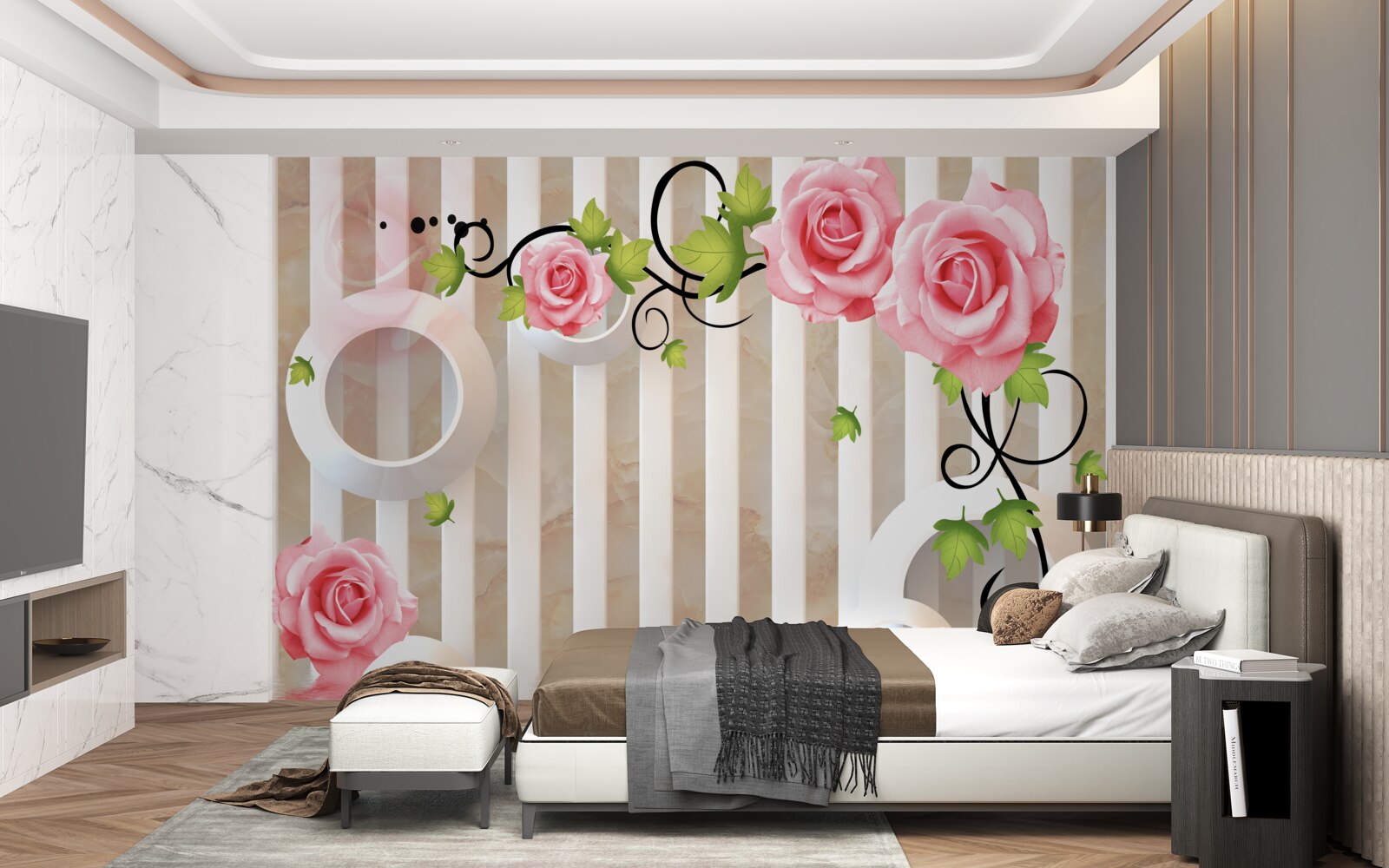 Carta da parati rosa con petali rosa e foglie verdi vicino all'acqua