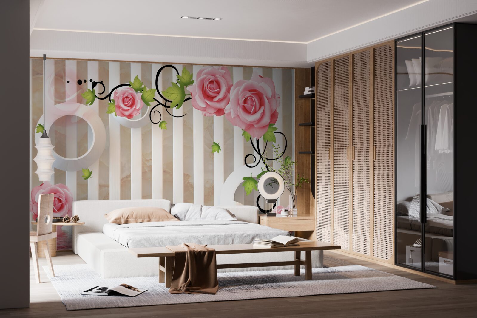 Carta da parati rosa con petali rosa e foglie verdi vicino all'acqua