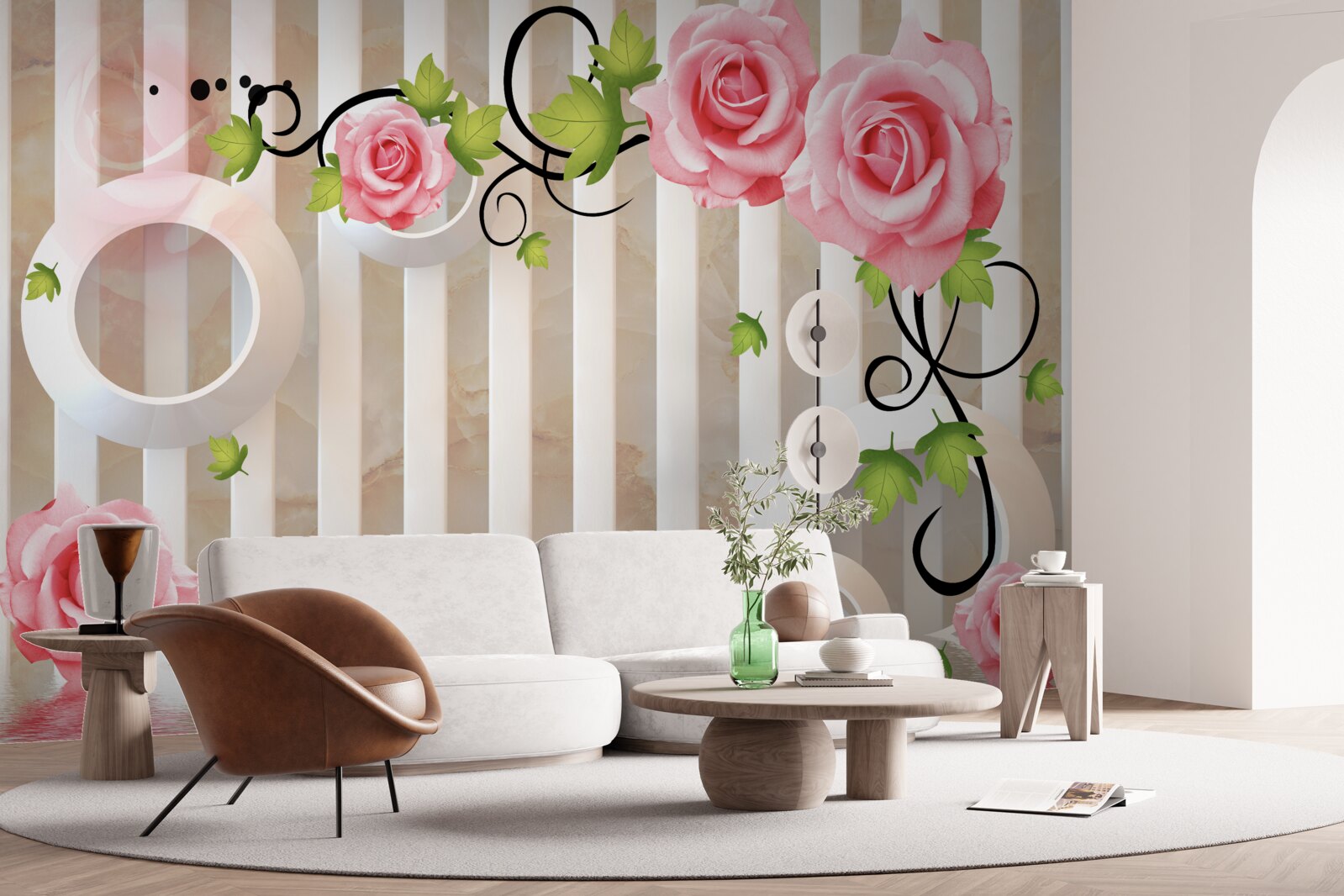 Carta da parati rosa con petali rosa e foglie verdi vicino all'acqua