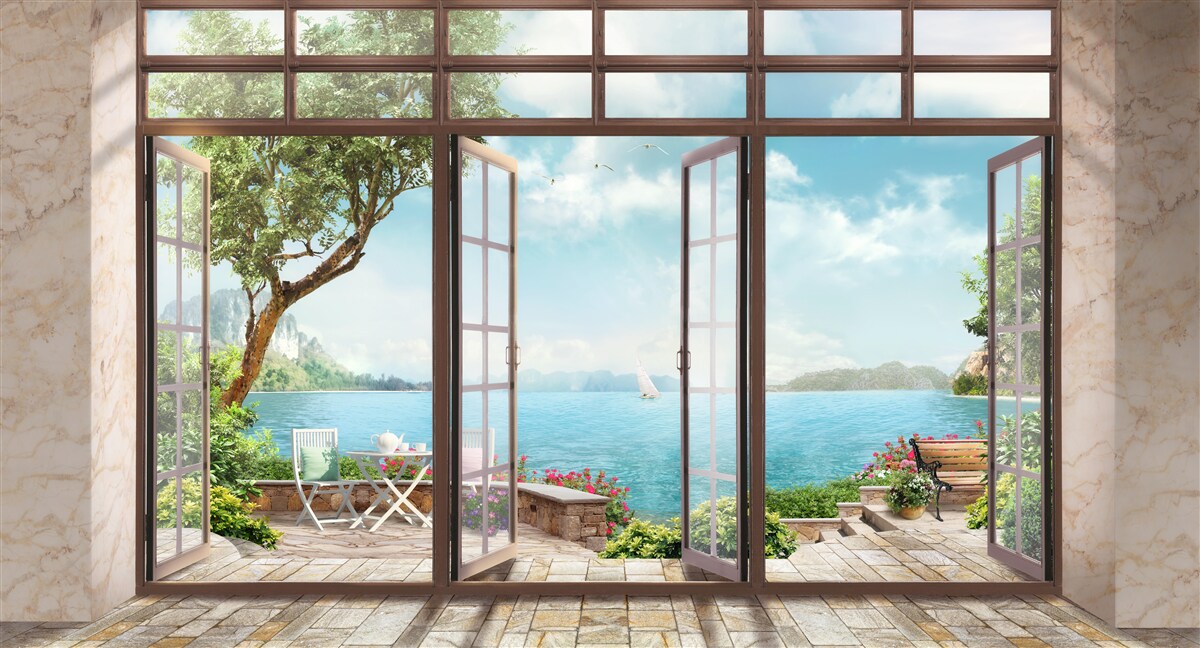 Carta da parati balcone estivo con vista mare