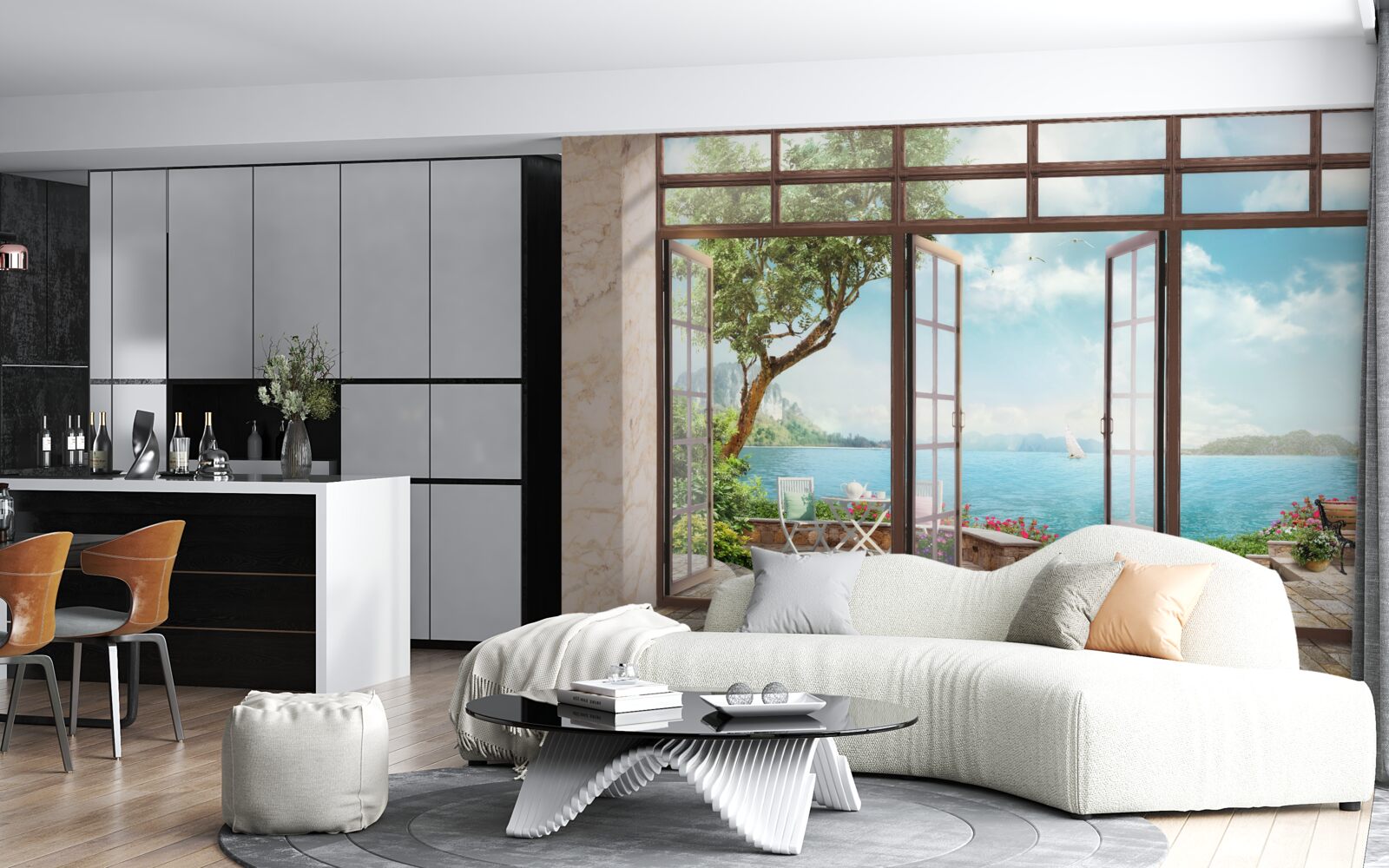 Carta da parati balcone estivo con vista mare